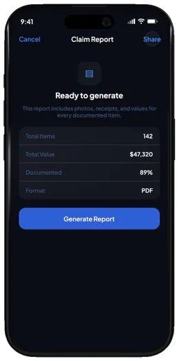 A Trast claim report ready to generate, covering 142 items worth $47,320