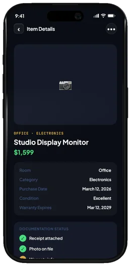 A documented item in Trast: a Studio Display Monitor valued at $1,599 with receipt and photo on file