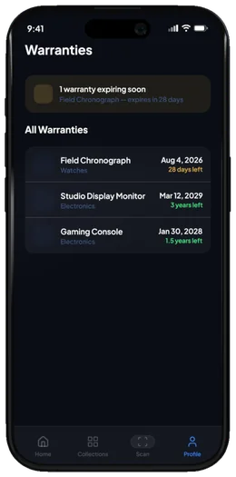 Trast warranty tracking, showing one warranty expiring in 28 days