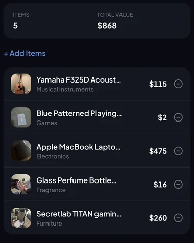 A Trast collection called Bedroom holding five documented items worth $868, including the guitar, a laptop and a gaming chair