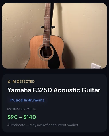 Trast identifying the guitar as a Yamaha F325D Acoustic Guitar, categorised under Musical Instruments, with an estimated value of $90 to $140